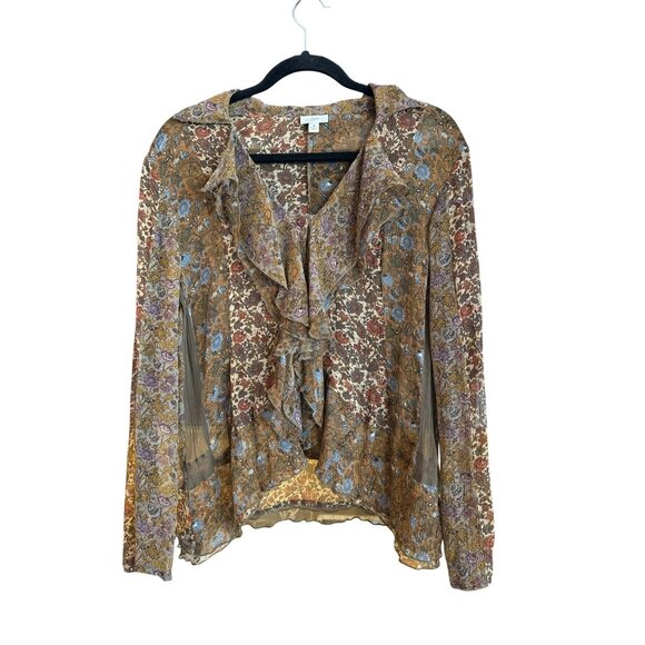 J.Jill Tops - J.Jill Womens Floral Patchwork 100% Silk Ruffle Blouse Size Medium Boho Peasant